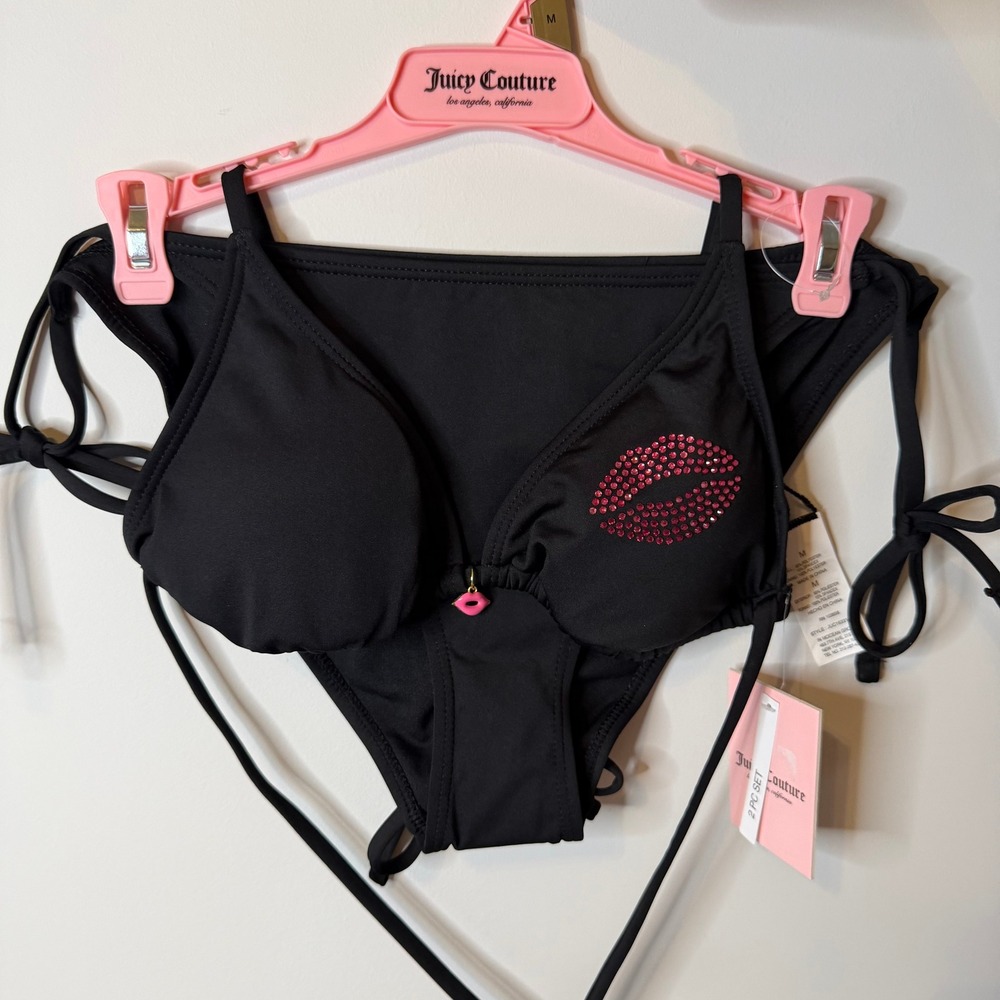 New Juicy Couture M Black Kiss Lips Bikini Bathing Suit Swimwear Clothing Cute